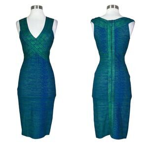 Herve Leger | Blue Green Woodgrain Metallic V Neck Designer Bandage Midi Dress L